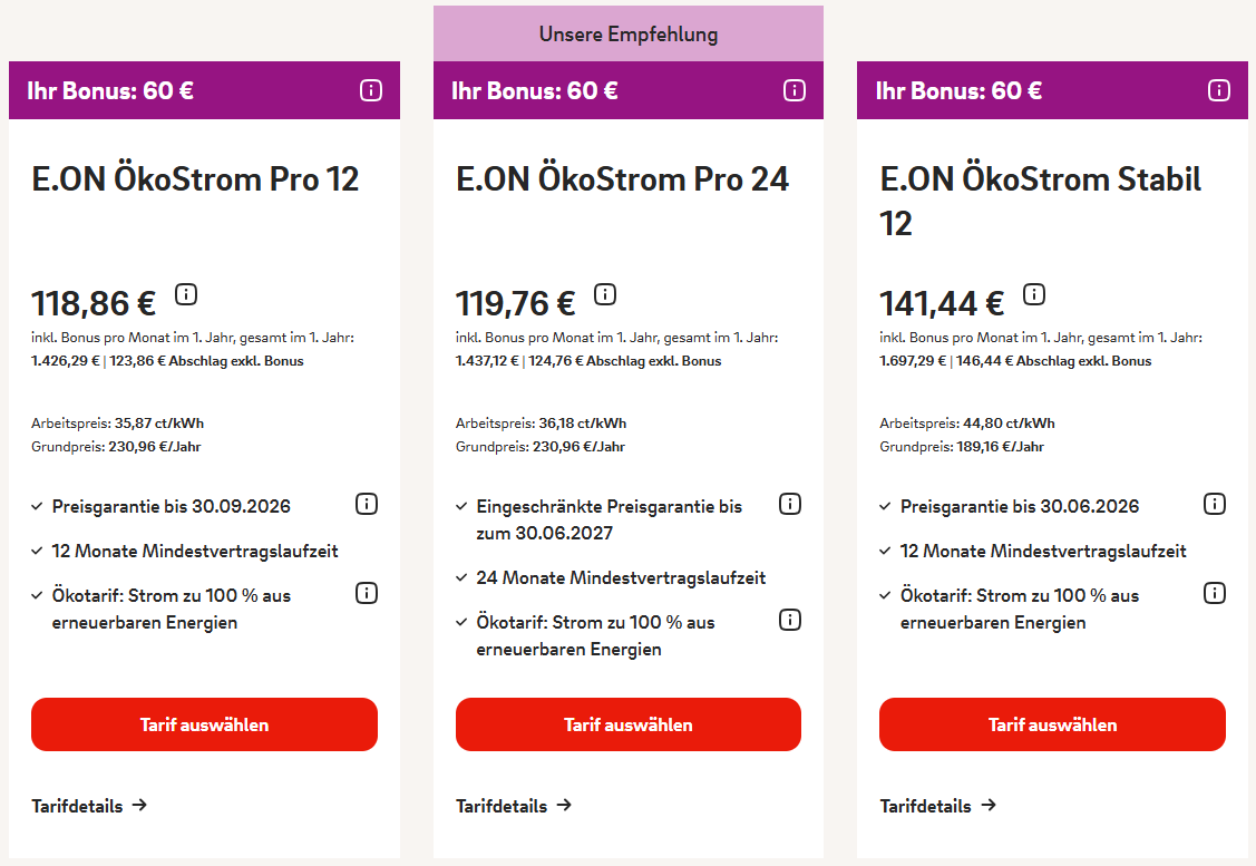 EON Tarife Screenshot Hamburg 3 Personen Haushalt